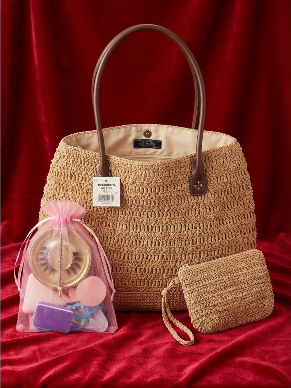 NWT Straw Woven Tote Bag w/ Matching Pouch & Beauty Gift Bag